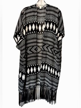 Forever 21 Boho Fringe Kimono Duster Black White Geometric